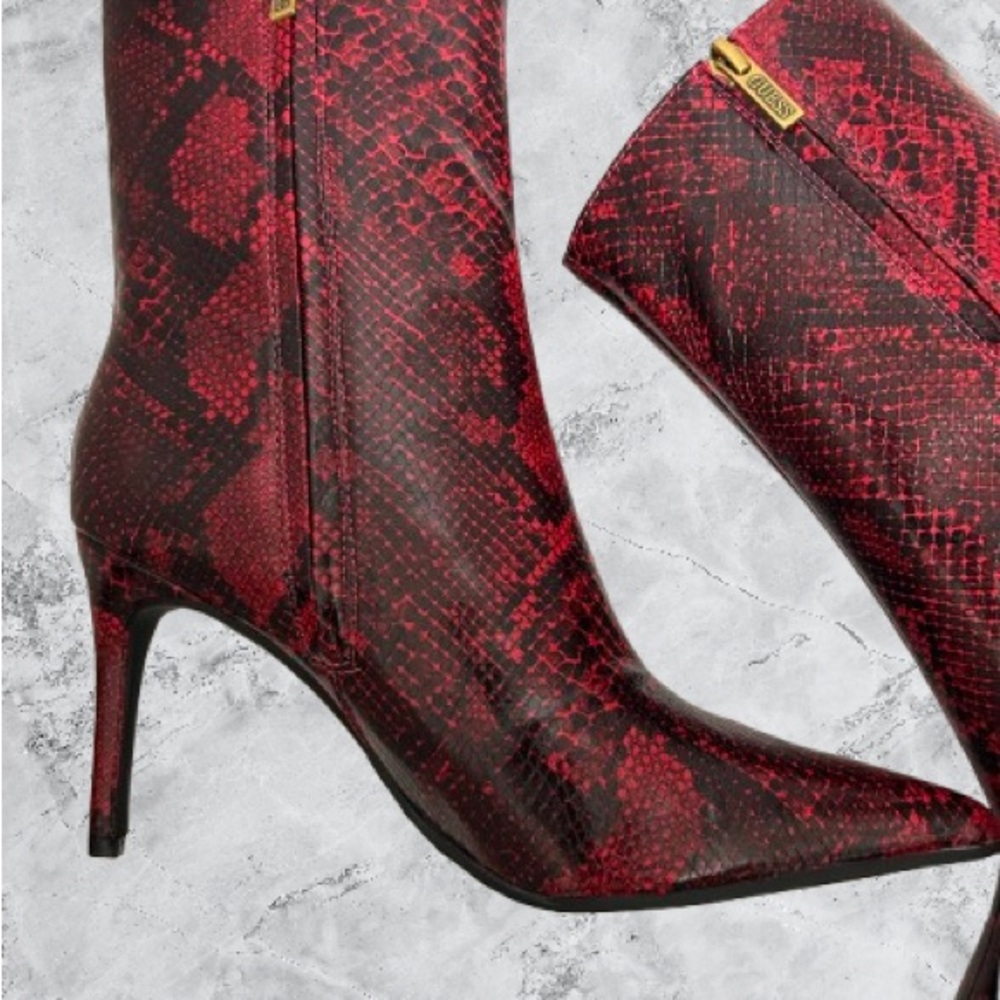 Guess Women’s Richery Stiletto Heel Ankle Dress Booties Red Snake 10M - Picture 8 of 16